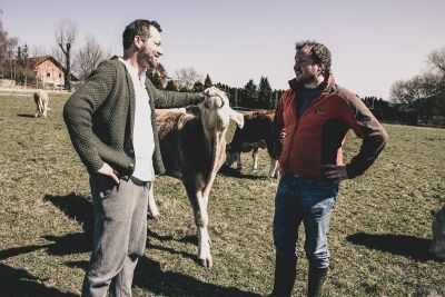 Alexander Tremmel und der Besitzer des Hofes stehen auf einer Wiese umgeben von Rindern. Alexander Tremmel unterhält sich mit dem Besitzer und streichelt dabei ein Rind.